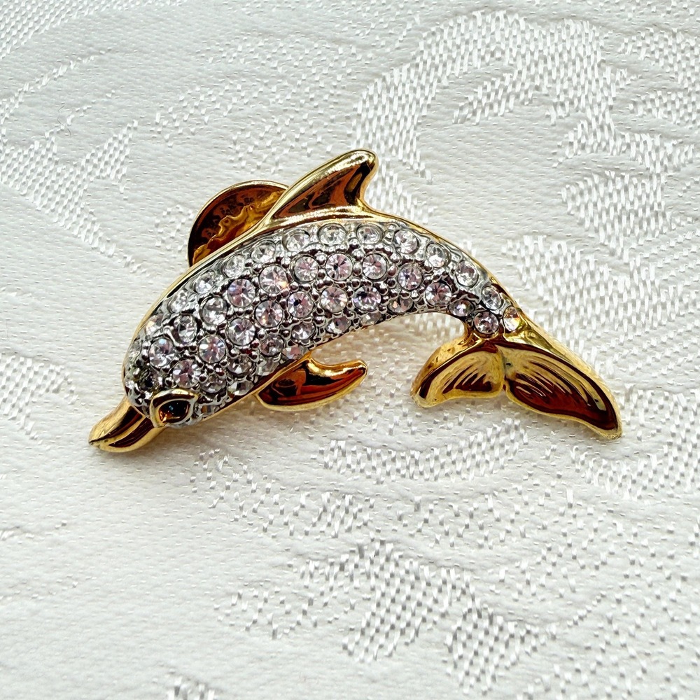 Vintage Gold Tone Leaping Dolphin Pavé Crystal Rhinestone Brooch